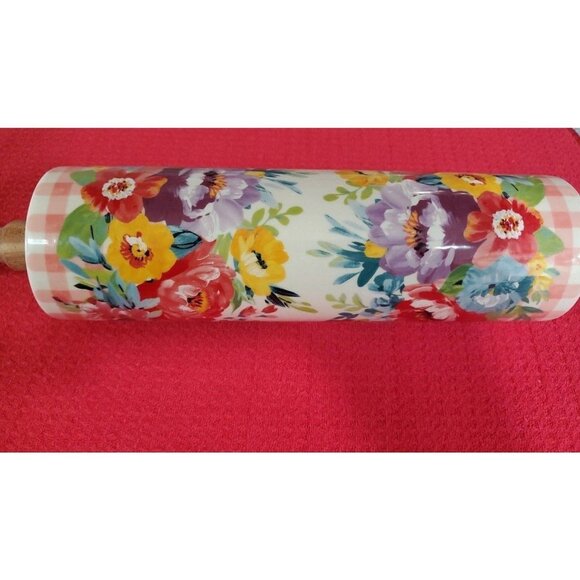 The Pioneer Woman Ceramic Rolling Pin Sweet Romance Blossom w/Acacia Handles NEW - Picture 4 of 12